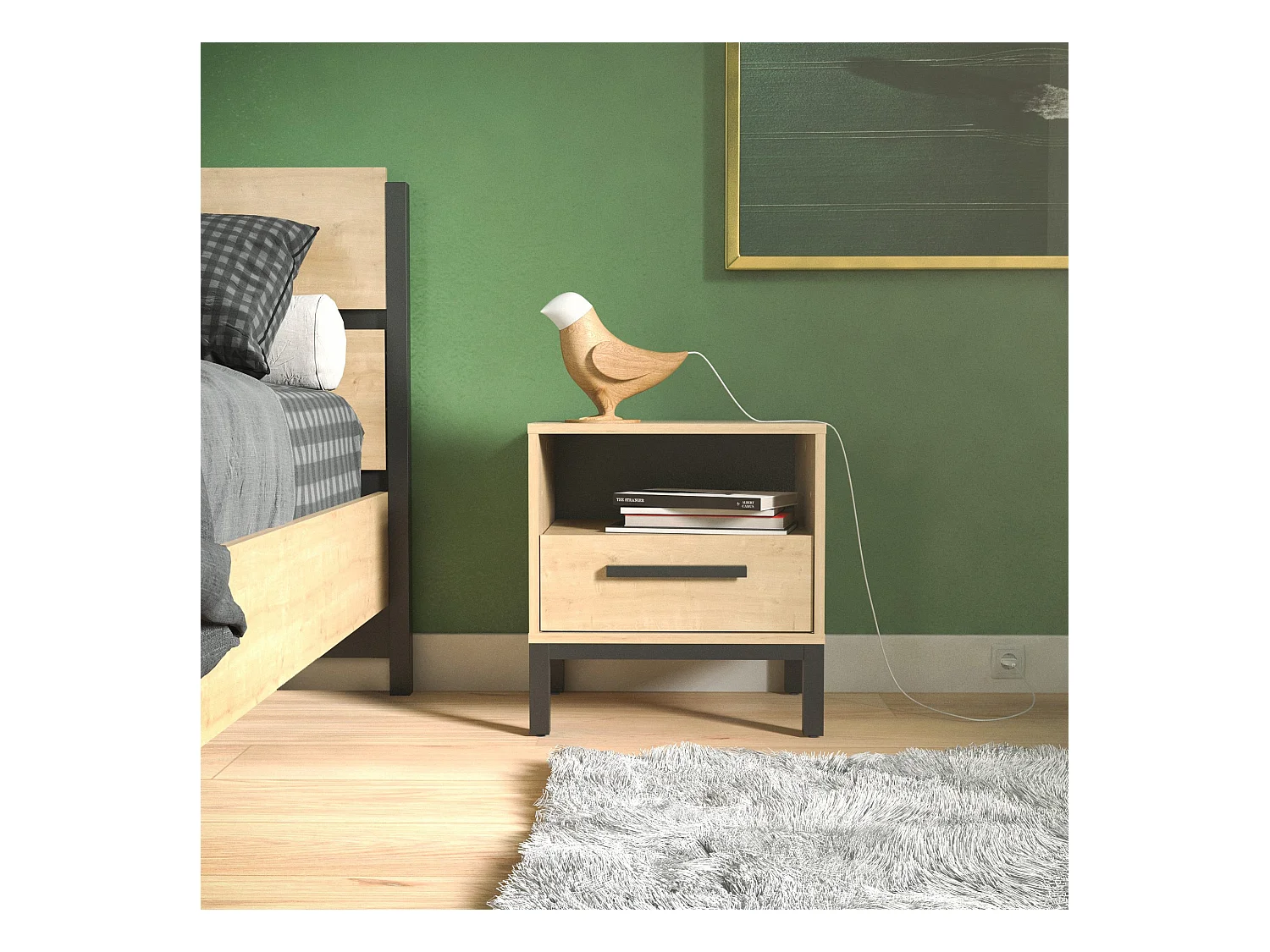 Mesilla de noche 1 cajón y 1 estante decorativo roble y negro mate Craft - L44,6 cm