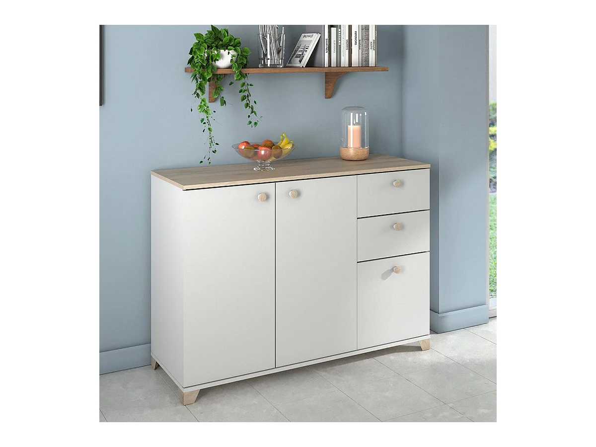 Buffet 3 portes et 2 tiroirs décor chêne kronberg et blanc - L119,6 cm