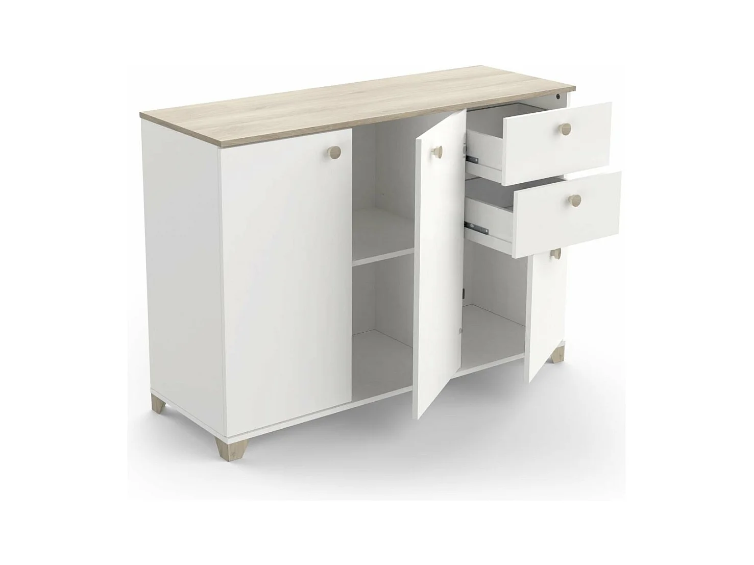 Buffet 3 portes et 2 tiroirs décor chêne kronberg et blanc - L119,6 cm