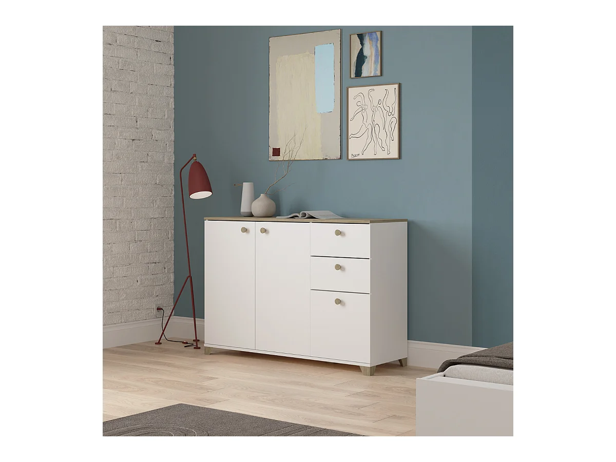 Buffet 3 portes et 2 tiroirs décor chêne kronberg et blanc - L119,6 cm