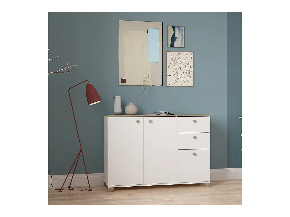 Buffet 3 portes et 2 tiroirs décor chêne kronberg et blanc - L119,6 cm