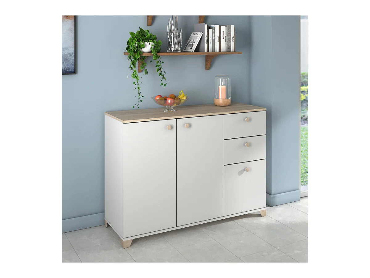 Buffet 3 portes et 2 tiroirs décor chêne kronberg et blanc - L119,6 cm