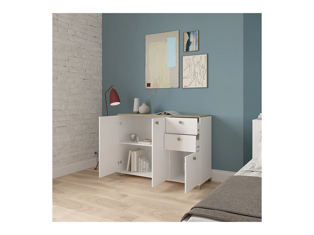 Buffet 3 portes et 2 tiroirs décor chêne kronberg et blanc - L119,6 cm