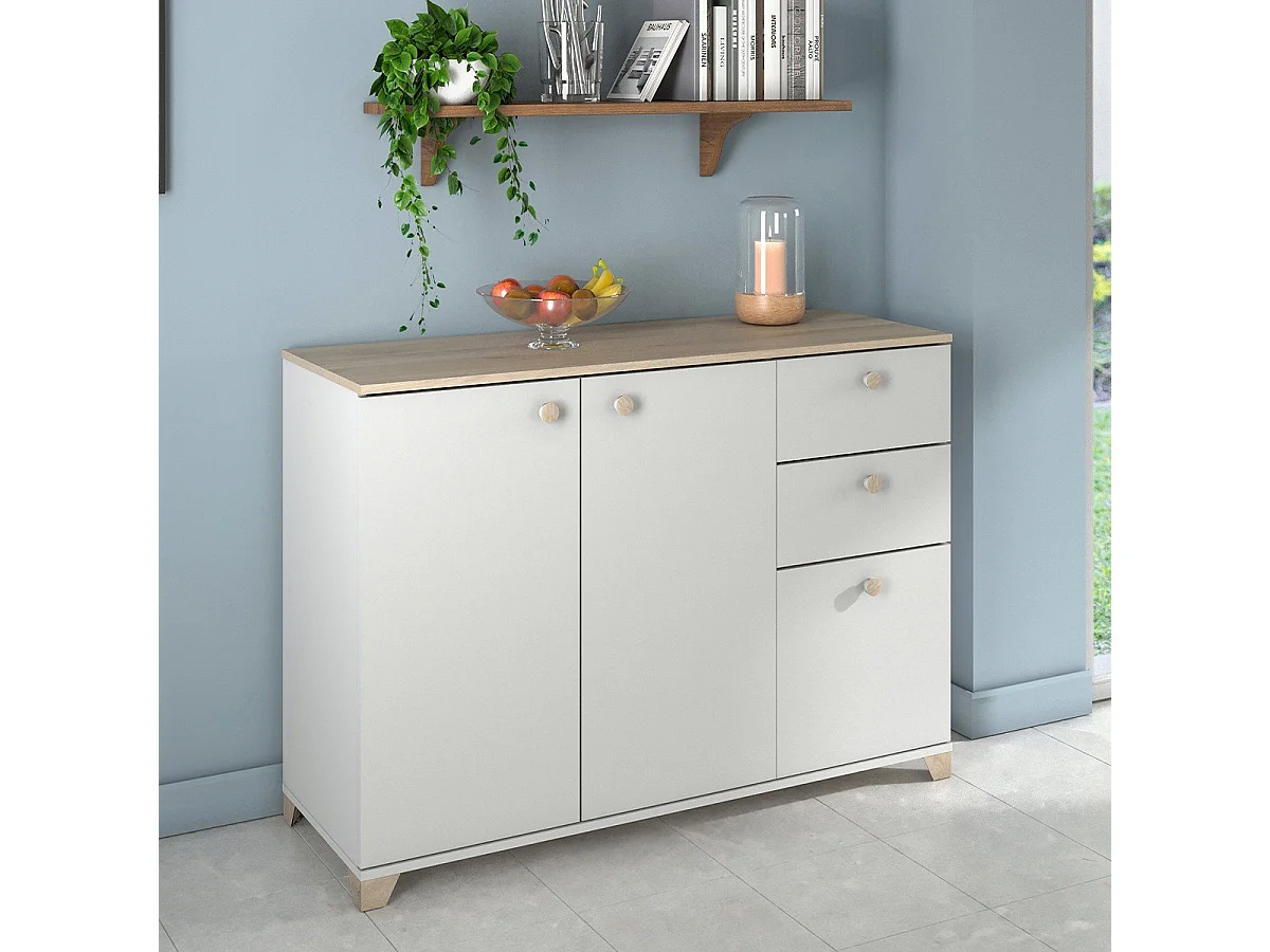 Buffet 3 portes et 2 tiroirs décor chêne kronberg et blanc - L119,6 cm