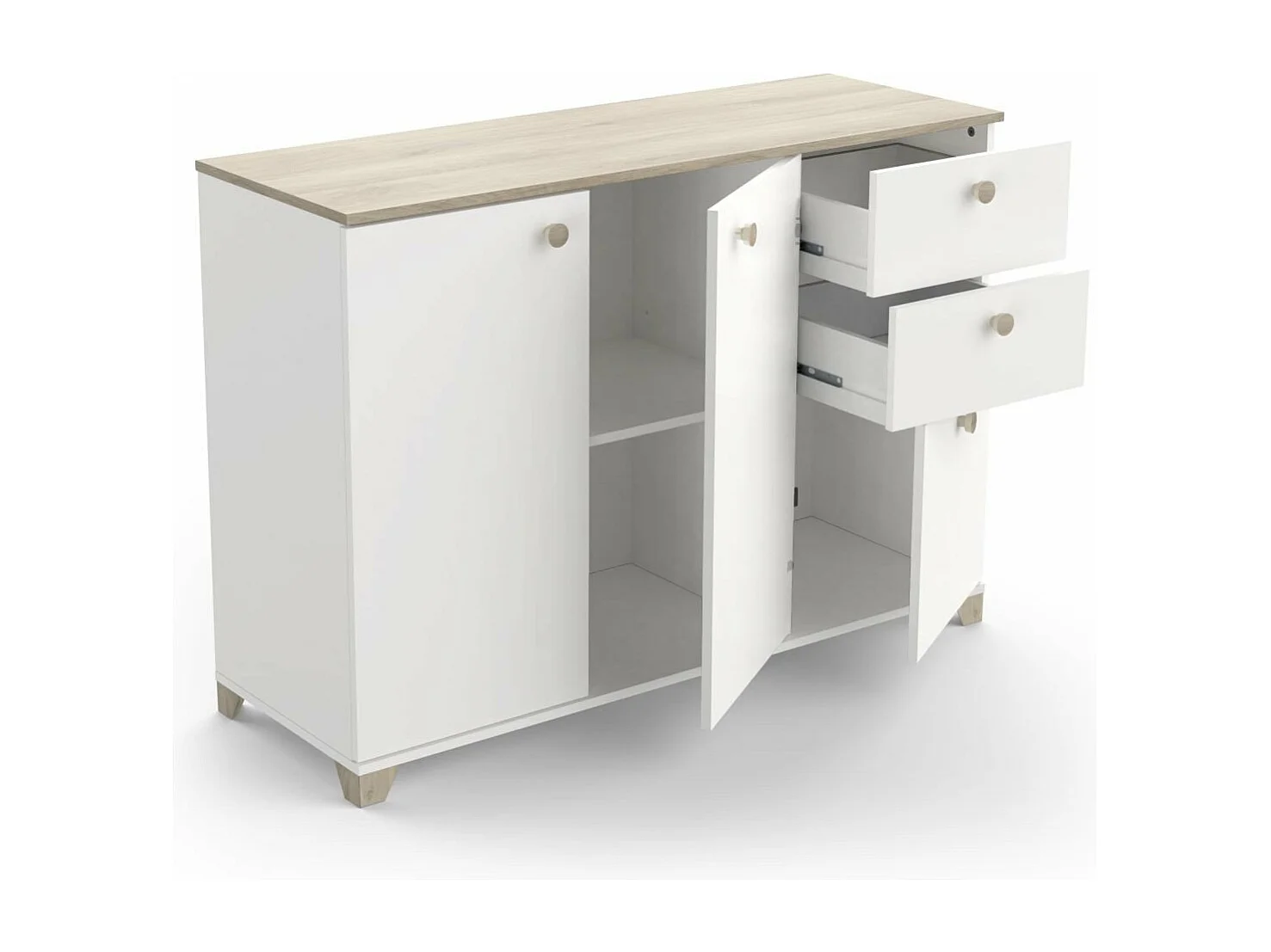 Buffet 3 portes et 2 tiroirs décor chêne kronberg et blanc - L119,6 cm