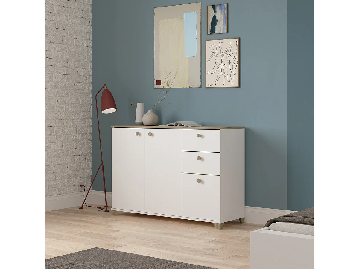 Buffet 3 portes et 2 tiroirs décor chêne kronberg et blanc - L119,6 cm