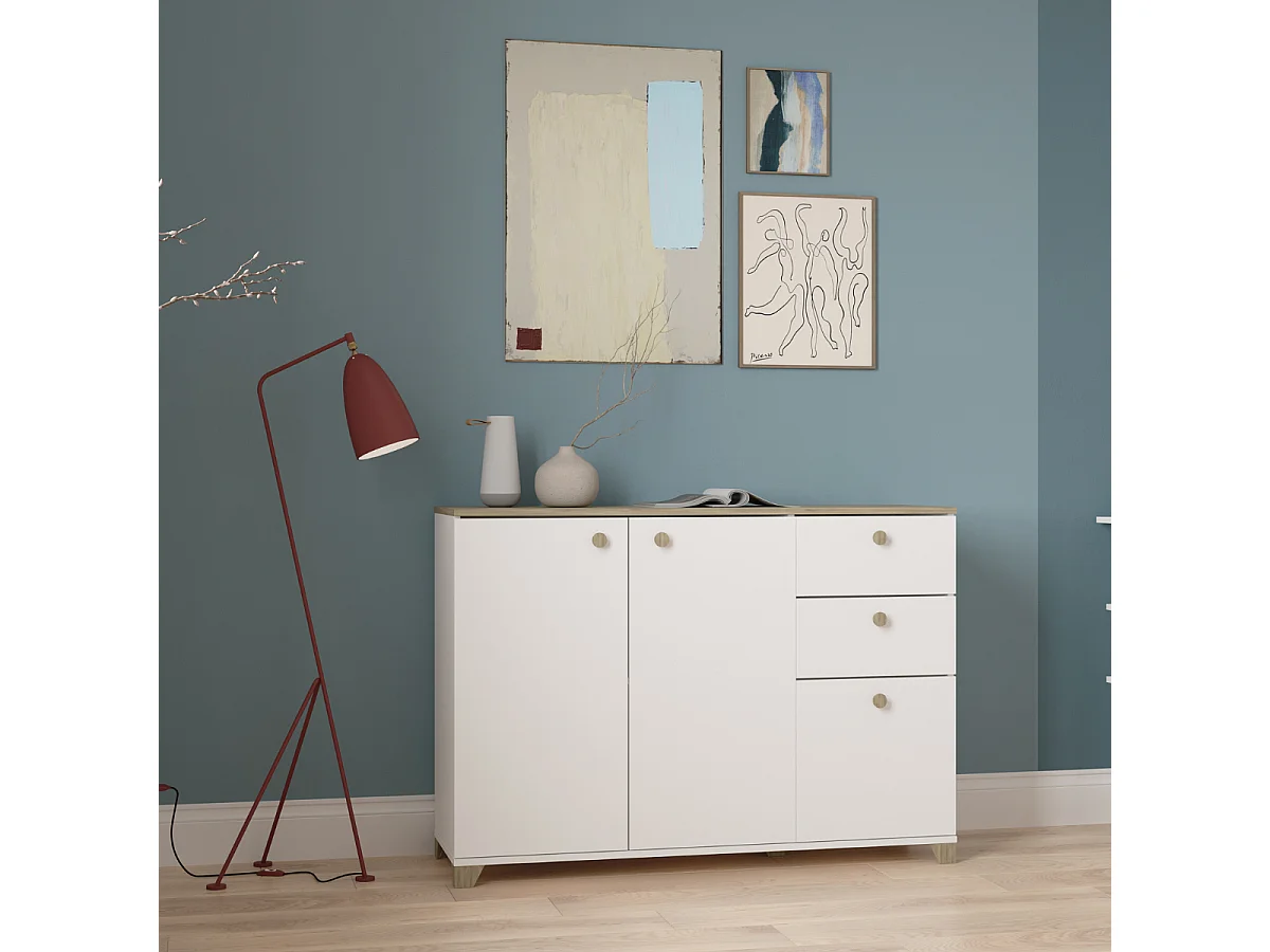 Buffet 3 portes et 2 tiroirs décor chêne kronberg et blanc - L119,6 cm