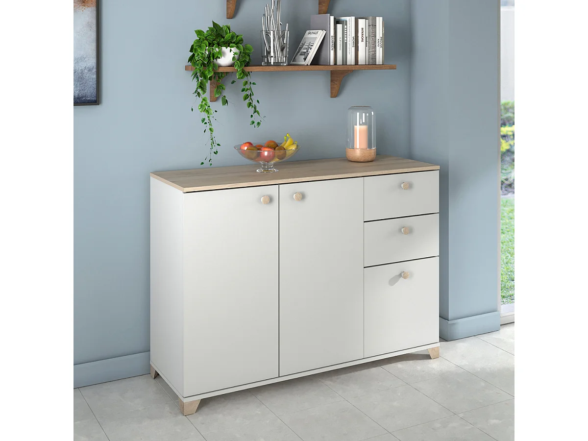Buffet 3 portes et 2 tiroirs décor chêne kronberg et blanc - L119,6 cm