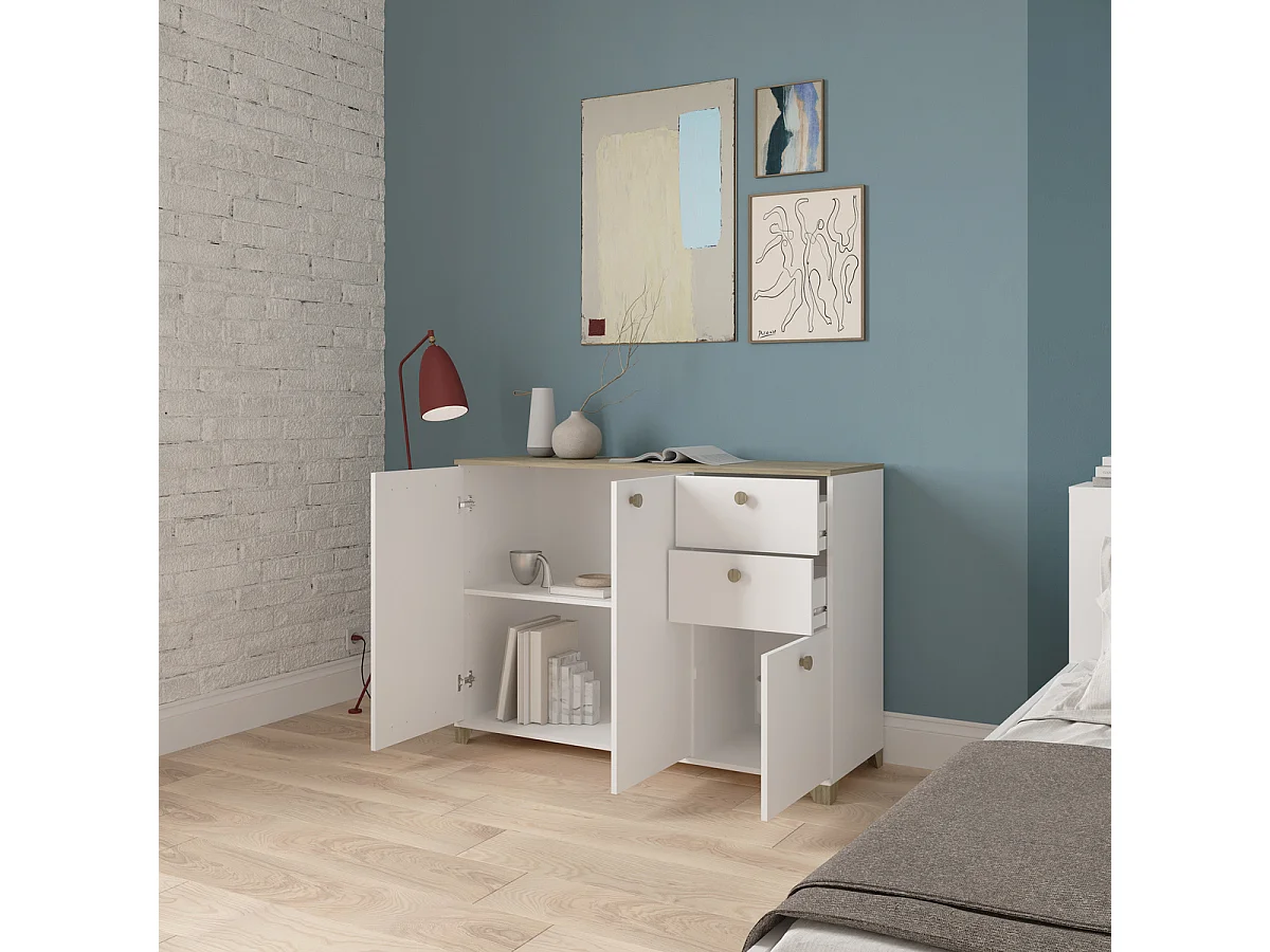 Buffet 3 portes et 2 tiroirs décor chêne kronberg et blanc - L119,6 cm