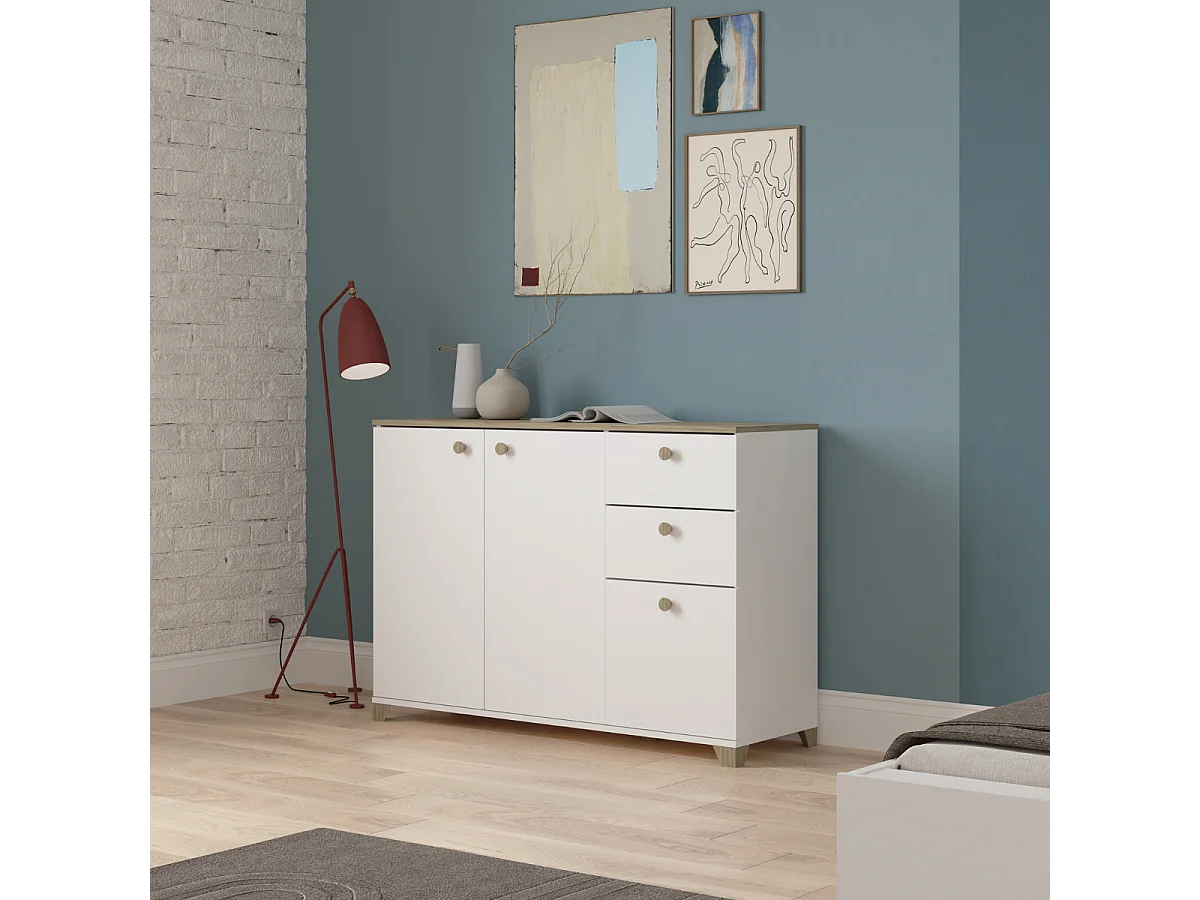 Sideboard mit 3 Türen und 2 Schubladen, Kronberg Eiche Dekor und Weiß - L119,6 cm