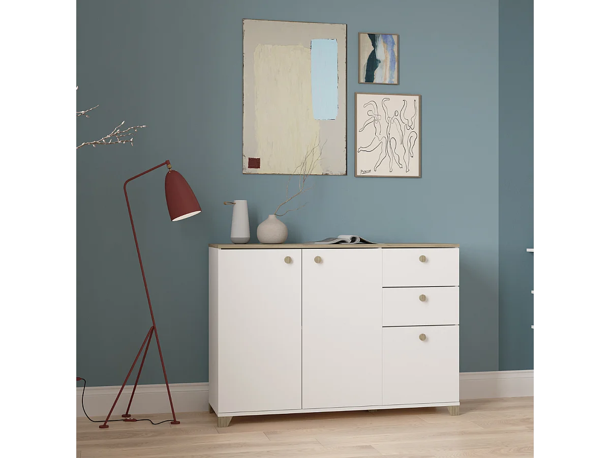 Sideboard mit 3 Türen und 2 Schubladen, Kronberg Eiche Dekor und Weiß - L119,6 cm