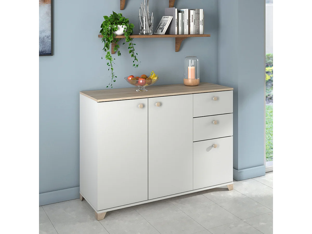 Sideboard mit 3 Türen und 2 Schubladen, Kronberg Eiche Dekor und Weiß - L119,6 cm