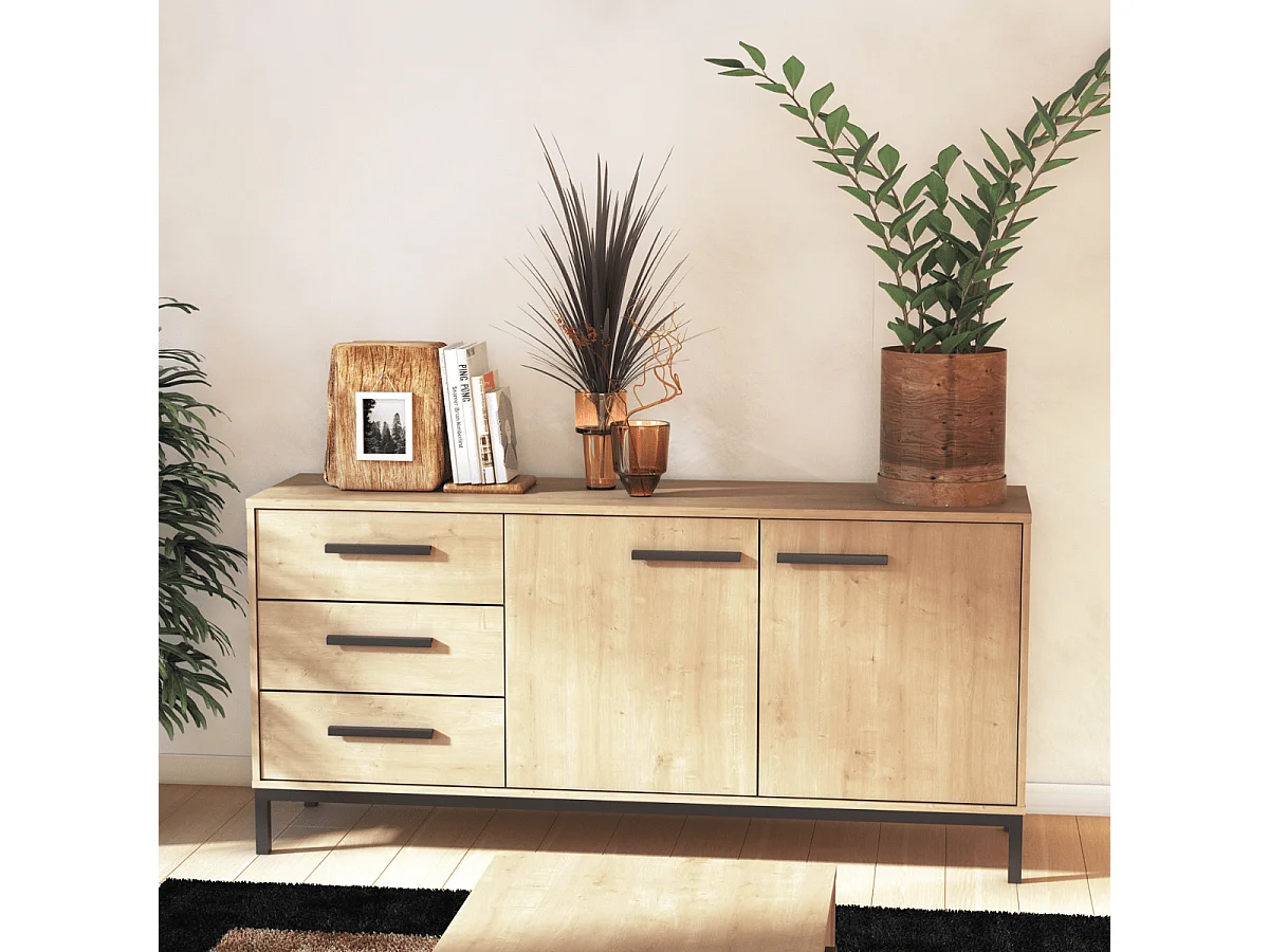Sideboard mit 2 Türen und 3 Schubladen, Dekor Eiche Hamilton und Schwarz matt - L152,5 cm