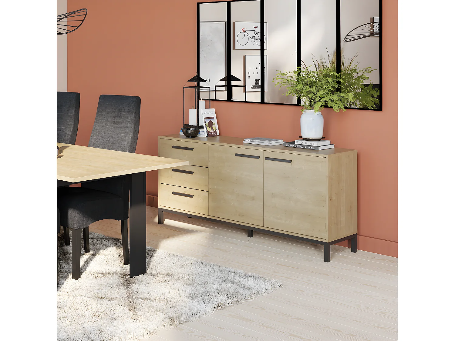 Sideboard mit 2 Türen und 3 Schubladen, Dekor Eiche Hamilton und Schwarz matt - L152,5 cm