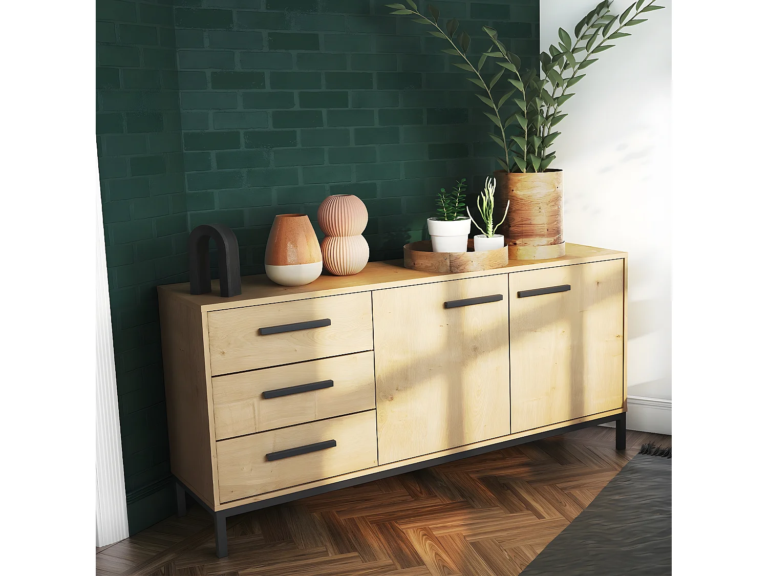 Buffet 2 portes 3 tiroirs décor chêne L153 cm - CRAFT