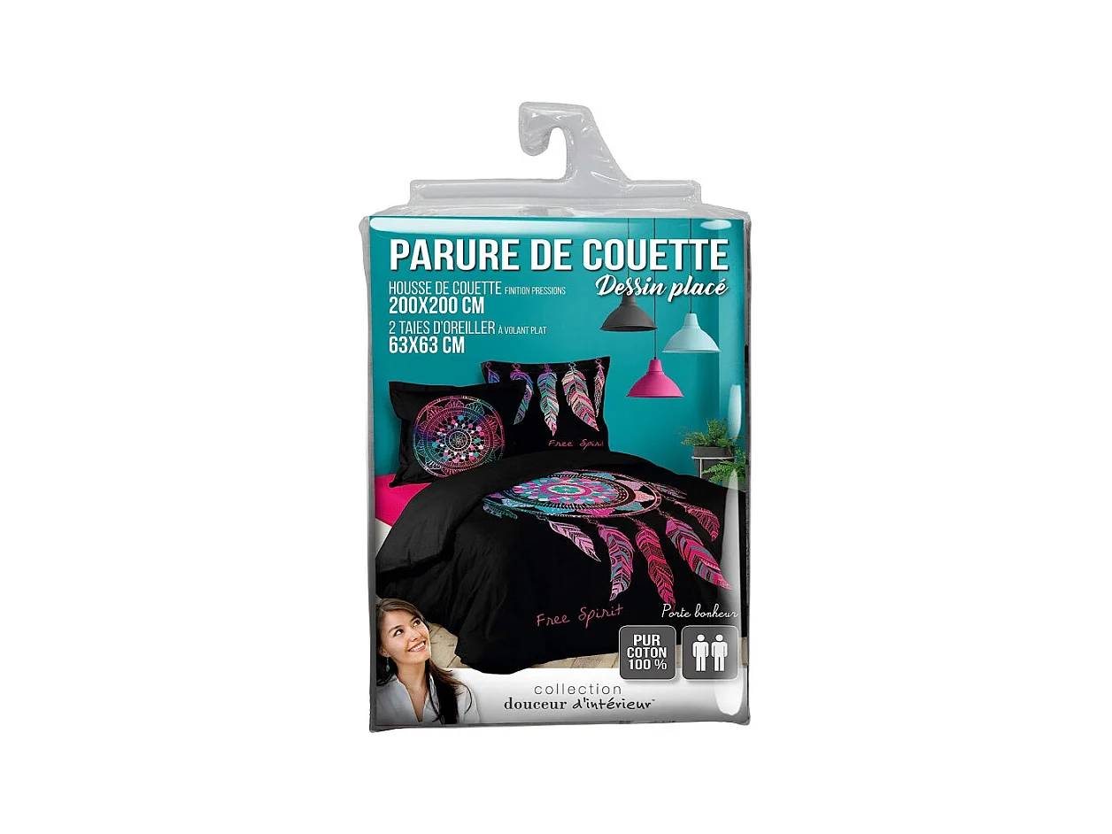 Parure de Lit 3 Pièces "Porte-Bonheur" 200x200cm Noir