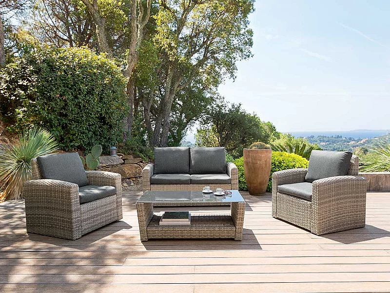 Salon de jardin en résine tressée Polynésia Havane - 4 places - Hespéride
