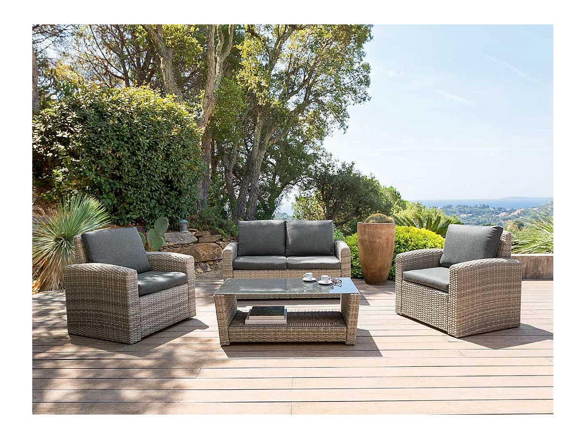 Salon de jardin en résine tressée Polynésia Havane - 4 places - Hespéride
