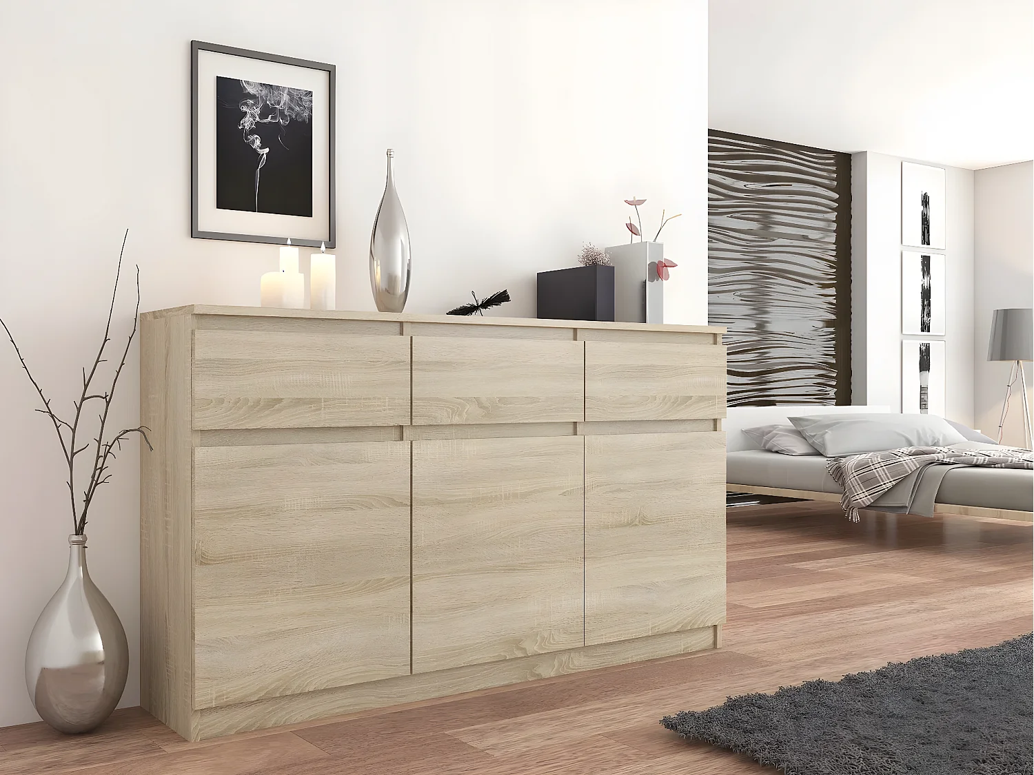 RIGA | Commode contemporaine chambre/salon/bureau 40x120x98 | 3 tiroirs 3 portes | Meuble de rangementent | Chiffonier Buffet