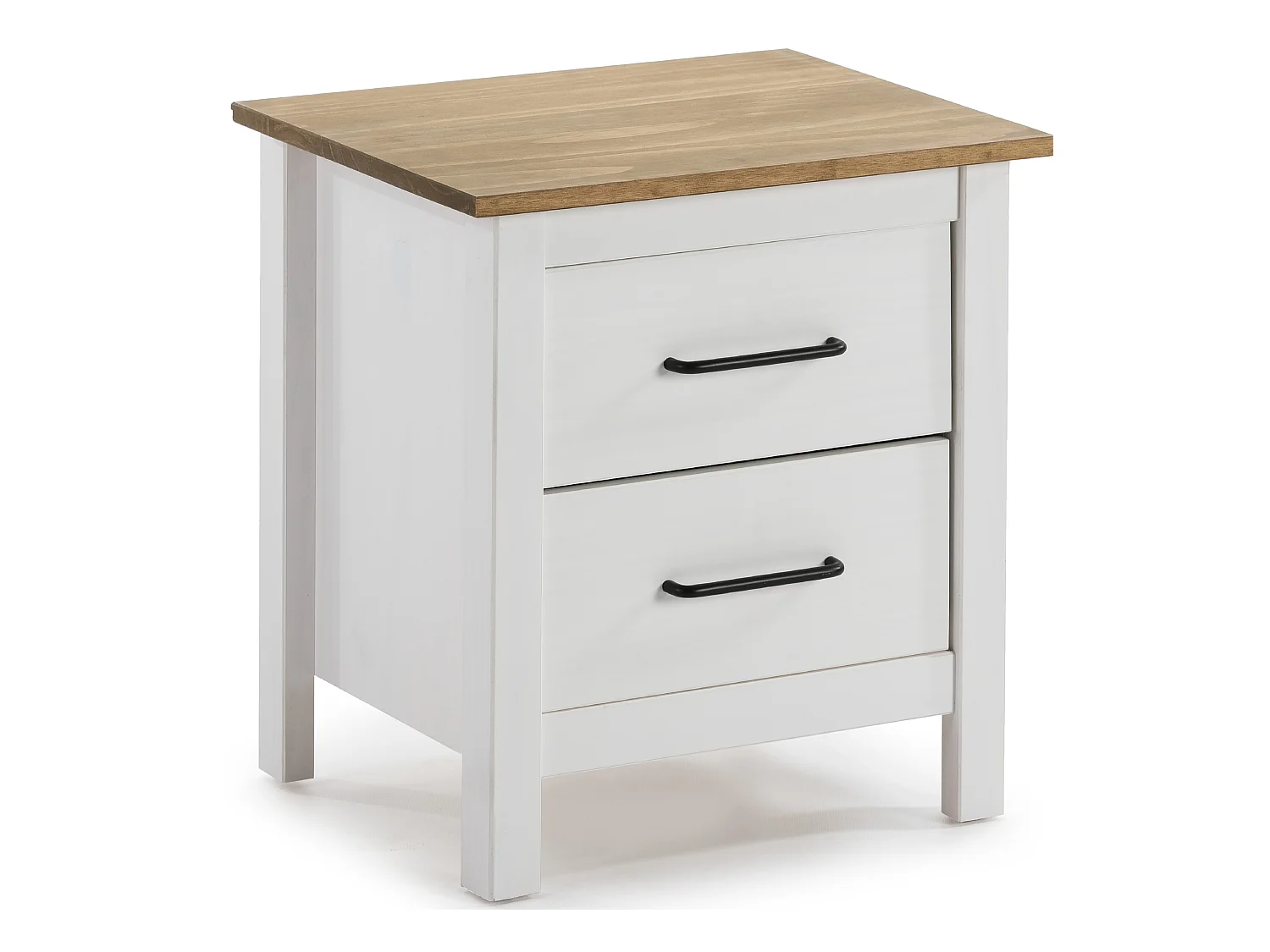 Table de chevet, table de nuit en pin massif décor ciré blanc et chêne - Longueur 46 x Profondeur 35 x Hauteur 49.5 cm