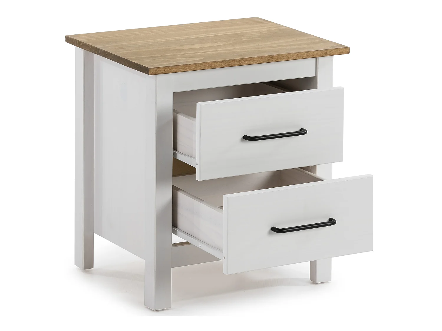 Table de chevet, table de nuit en pin massif décor ciré blanc et chêne - Longueur 46 x Profondeur 35 x Hauteur 49.5 cm