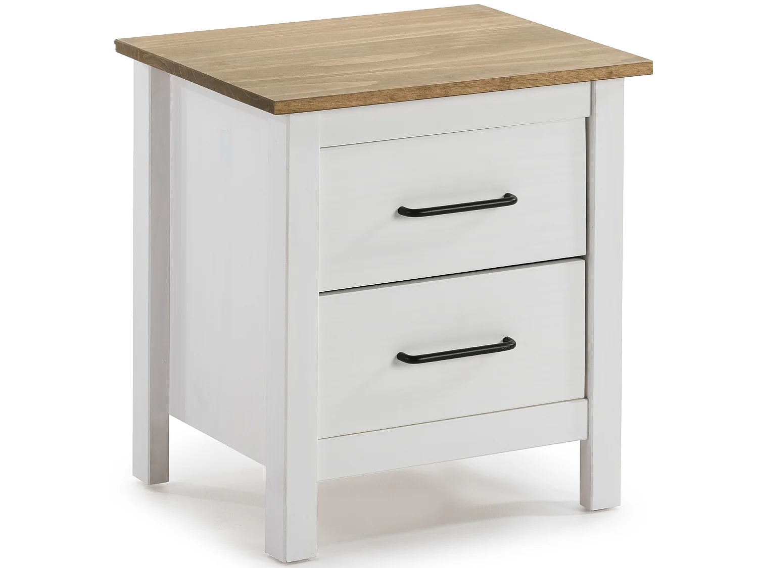 Table de chevet, table de nuit en pin massif décor ciré blanc et chêne - Longueur 46 x Profondeur 35 x Hauteur 49.5 cm