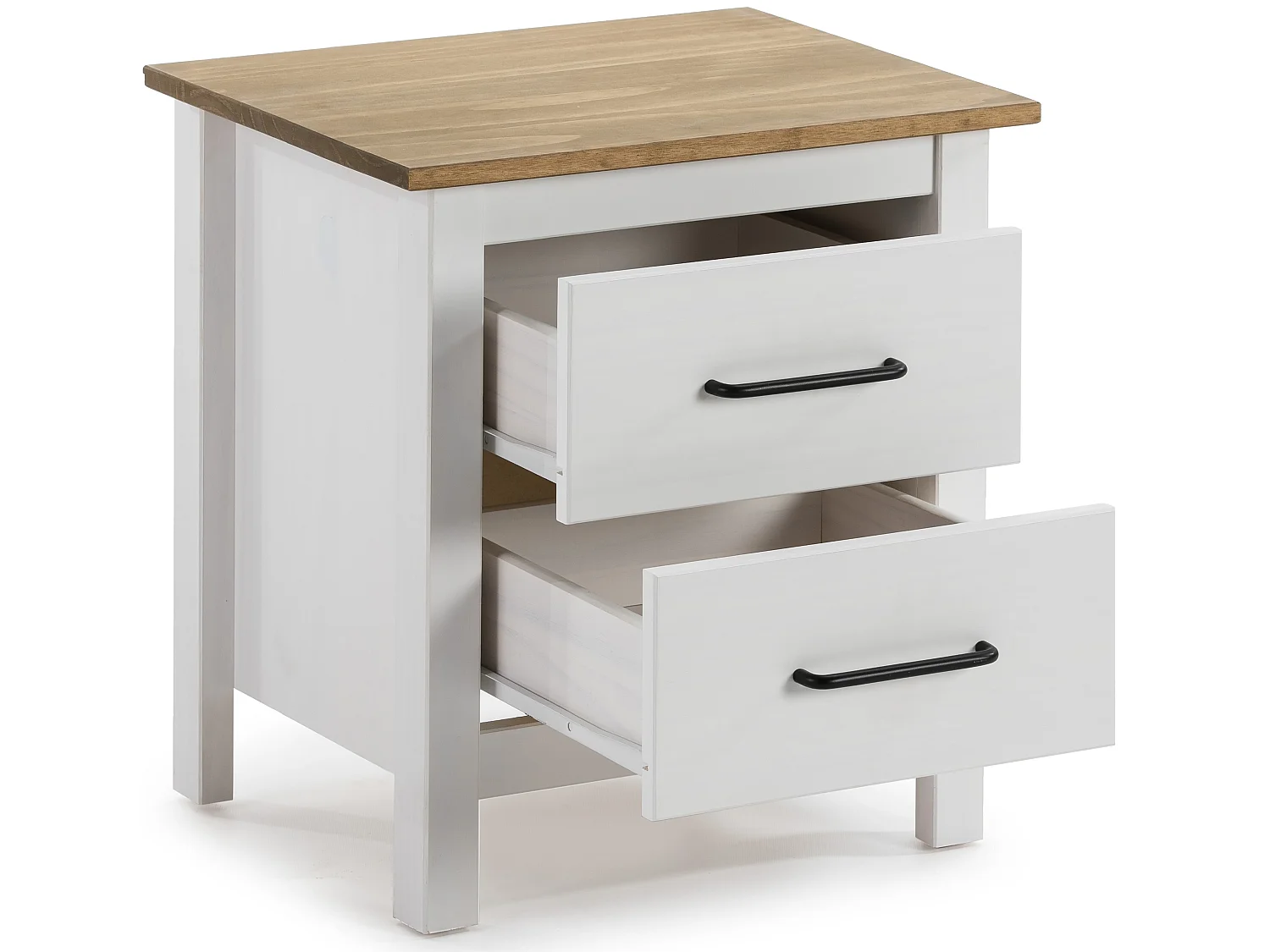 Table de chevet, table de nuit en pin massif décor ciré blanc et chêne - Longueur 46 x Profondeur 35 x Hauteur 49.5 cm