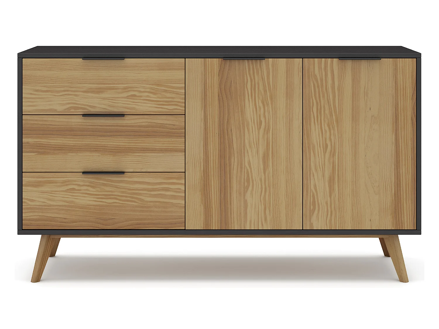 Buffet en pin massif décor ciré naturel et noir, meuble de rangement - Longueur 140 x Profondeur 40 x Hauteur 80 cm