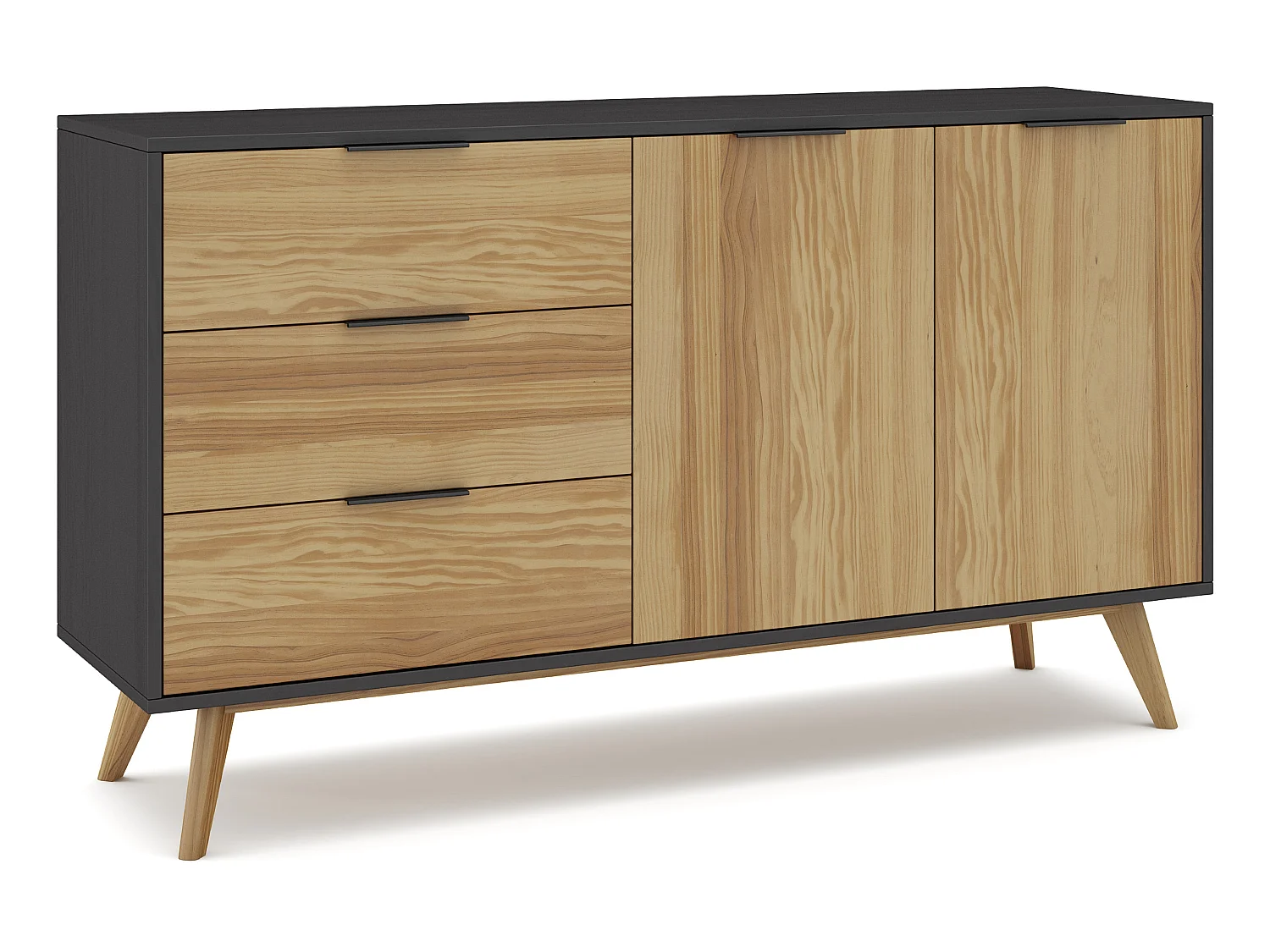 Buffet en pin massif décor ciré naturel et noir, meuble de rangement - Longueur 140 x Profondeur 40 x Hauteur 80 cm