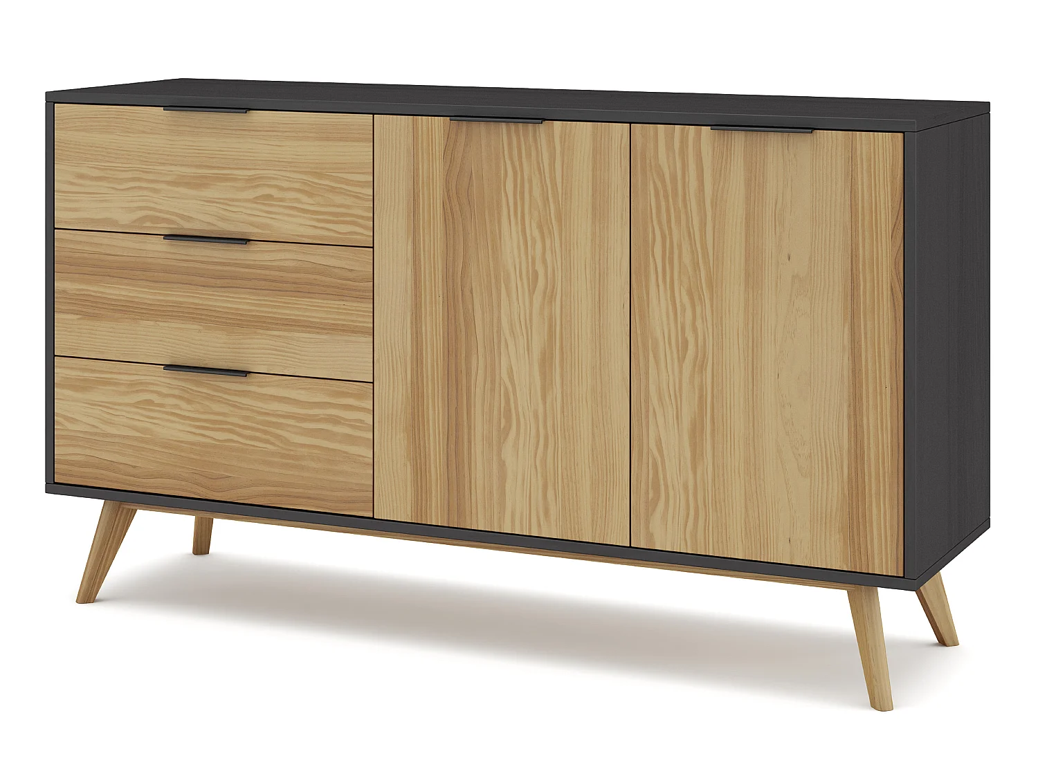 Buffet en pin massif décor ciré naturel et noir, meuble de rangement - Longueur 140 x Profondeur 40 x Hauteur 80 cm