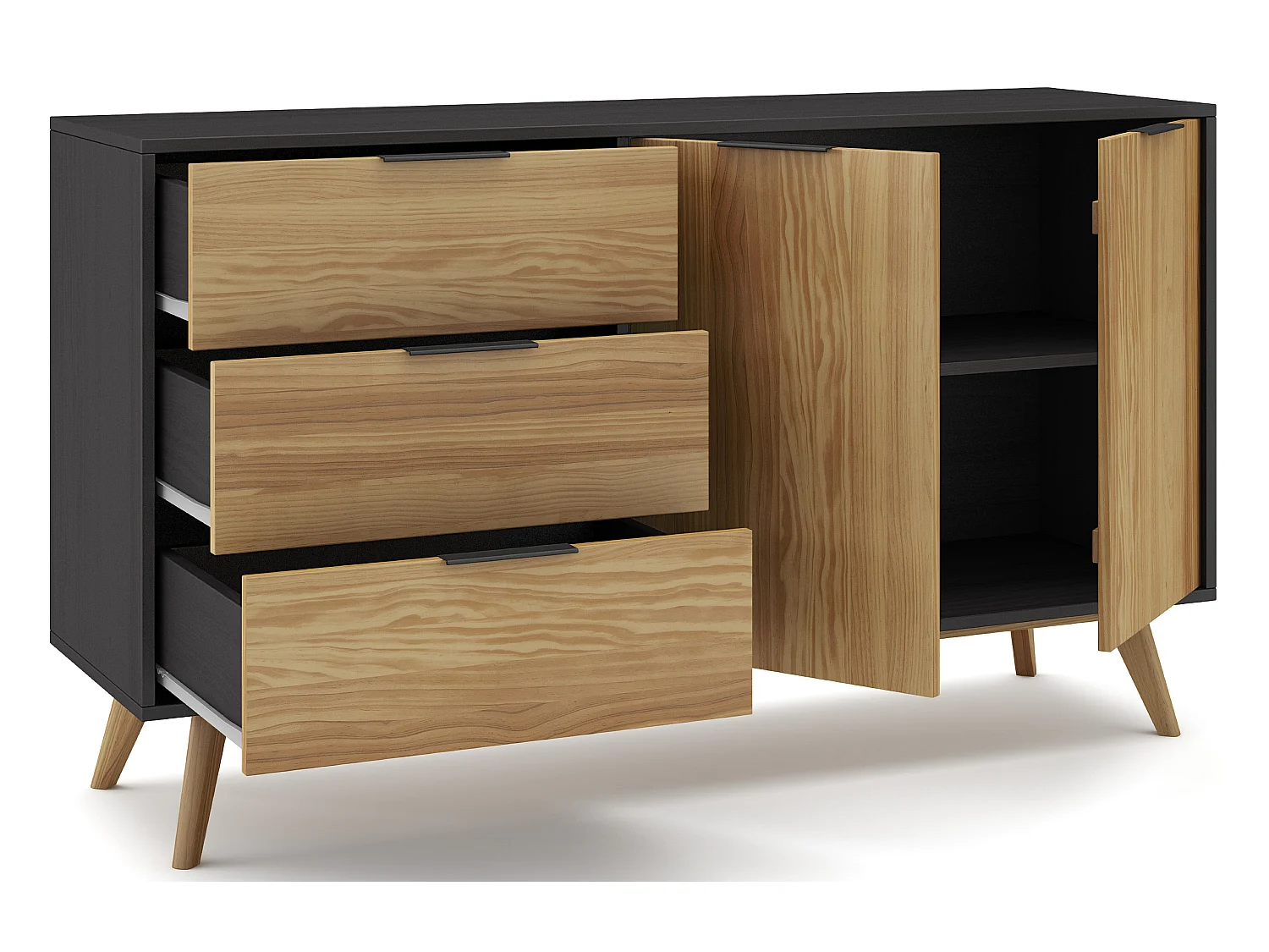 Buffet en pin massif décor ciré naturel et noir, meuble de rangement - Longueur 140 x Profondeur 40 x Hauteur 80 cm