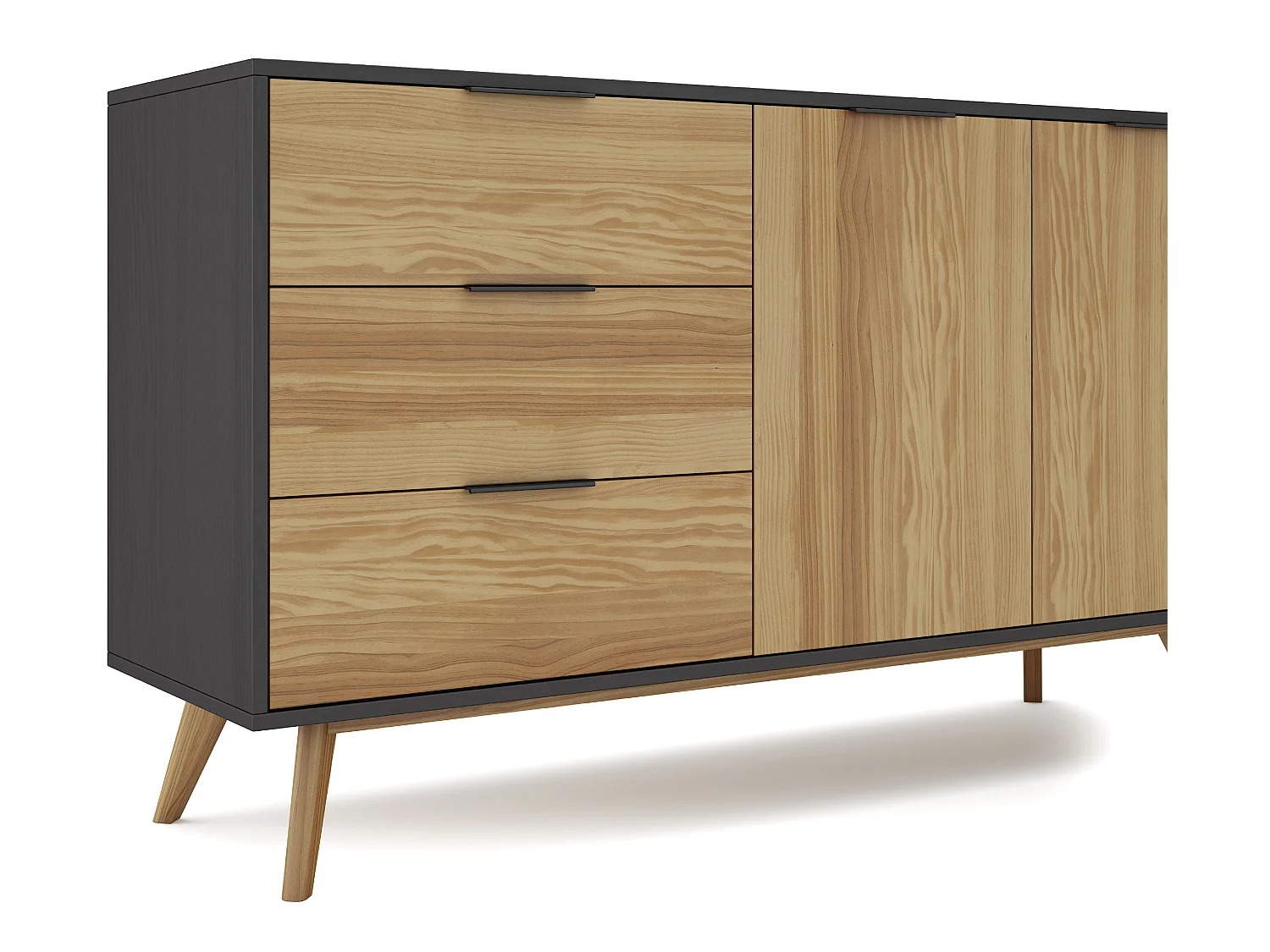 Buffet en pin massif décor ciré naturel et noir, meuble de rangement - Longueur 140 x Profondeur 40 x Hauteur 80 cm