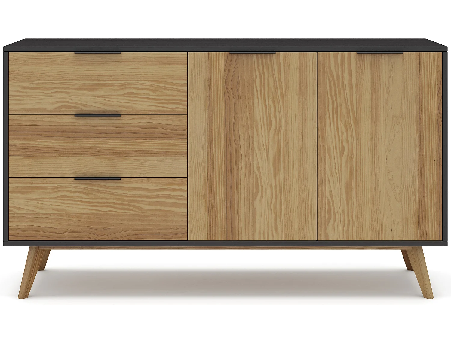 Buffet en pin massif décor ciré naturel et noir, meuble de rangement - Longueur 140 x Profondeur 40 x Hauteur 80 cm