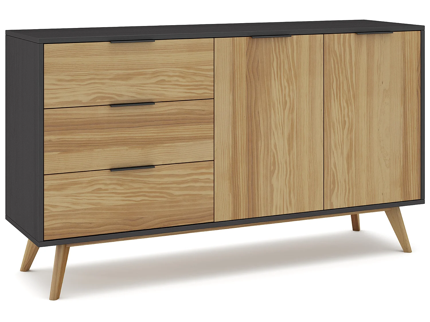 Buffet en pin massif décor ciré naturel et noir, meuble de rangement - Longueur 140 x Profondeur 40 x Hauteur 80 cm