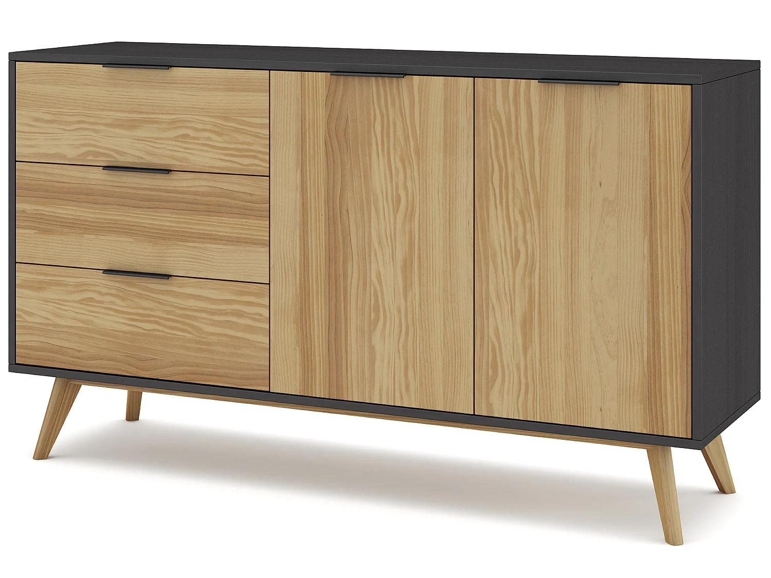 Buffet en pin massif décor ciré naturel et noir, meuble de rangement - Longueur 140 x Profondeur 40 x Hauteur 80 cm