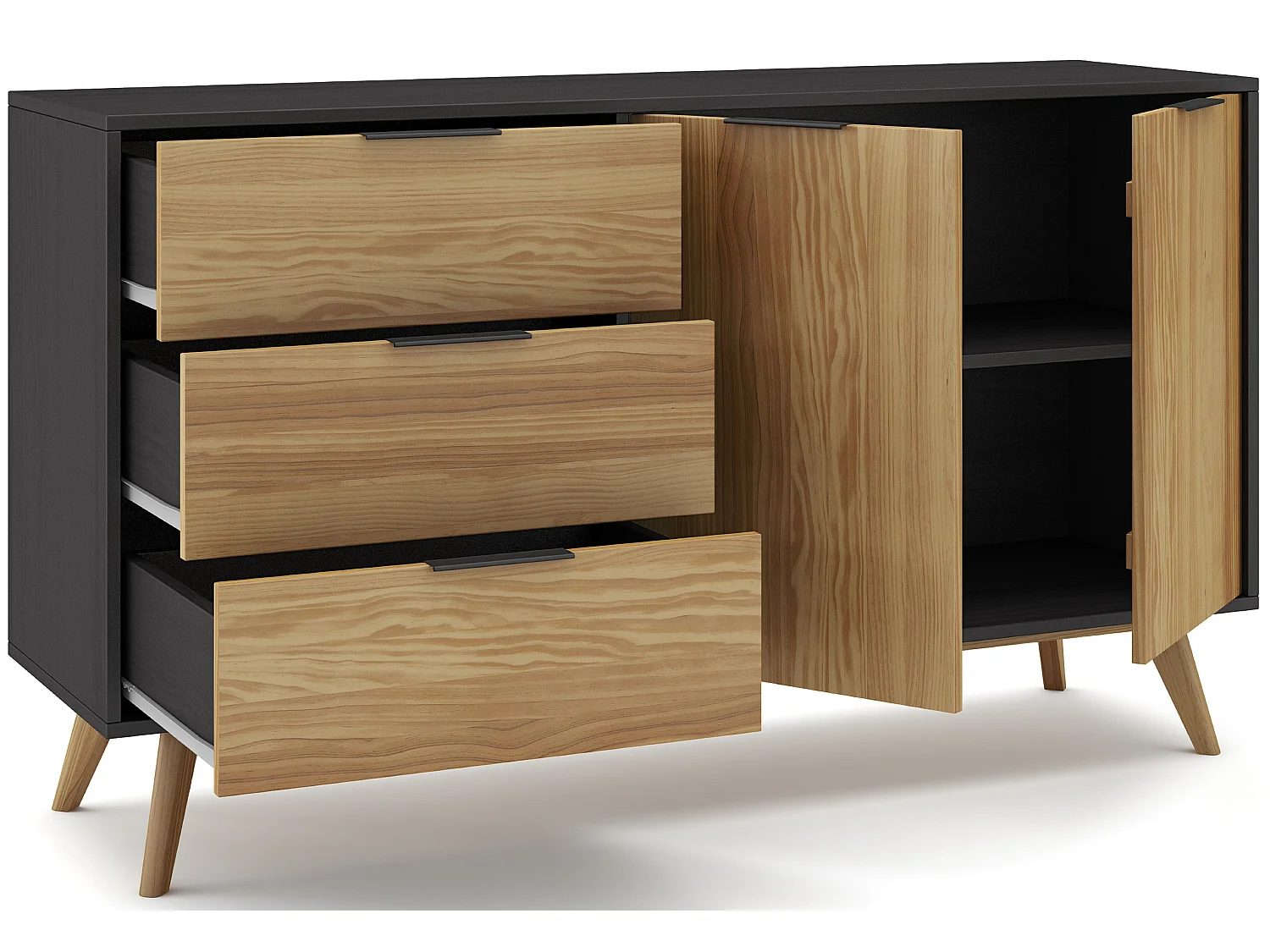 Buffet en pin massif décor ciré naturel et noir, meuble de rangement - Longueur 140 x Profondeur 40 x Hauteur 80 cm