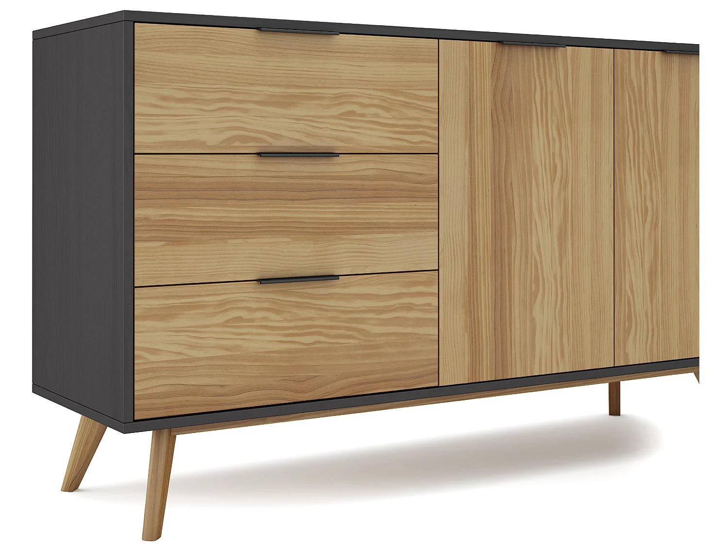 Buffet en pin massif décor ciré naturel et noir, meuble de rangement - Longueur 140 x Profondeur 40 x Hauteur 80 cm