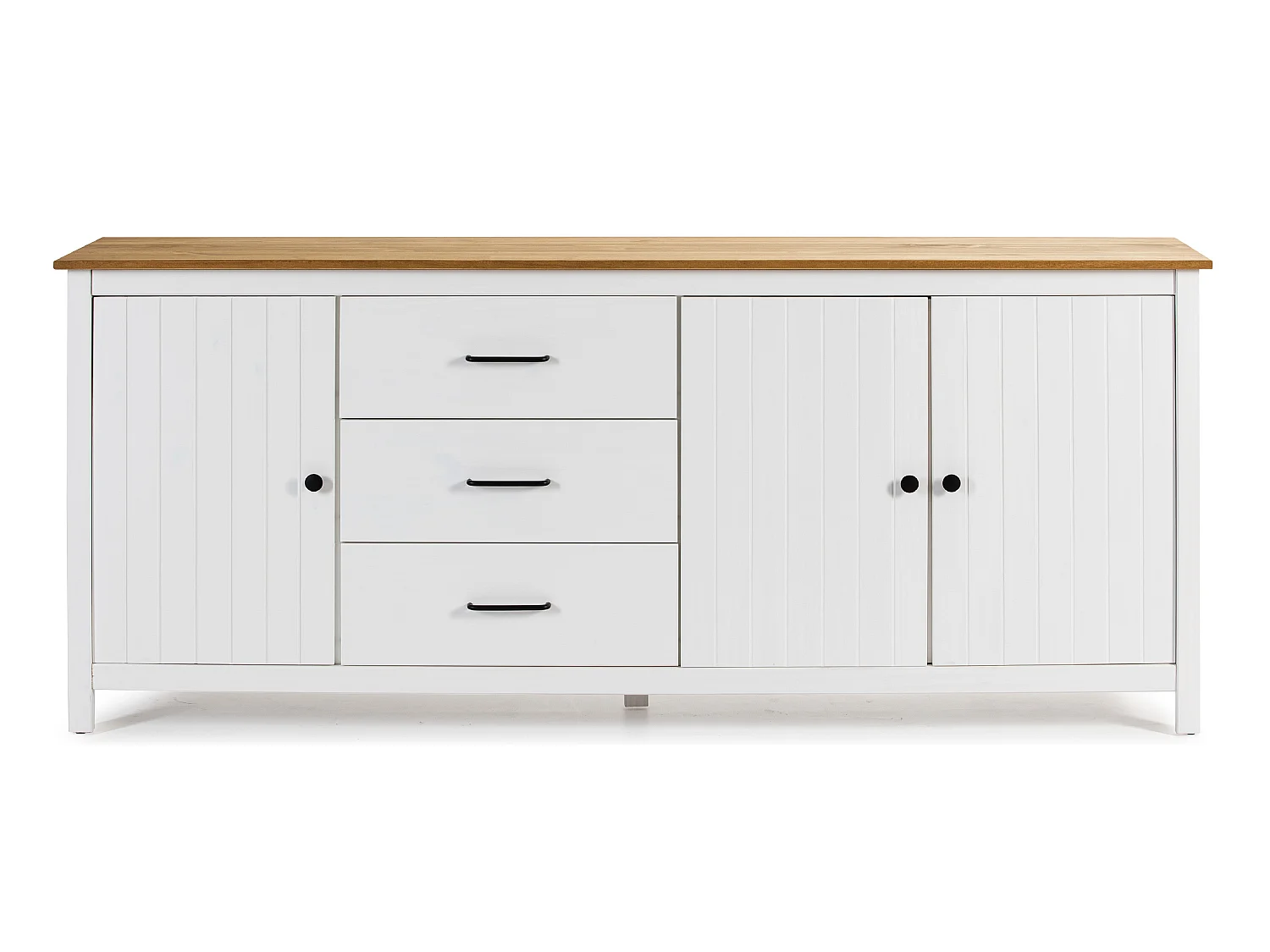 Buffet en pin massif décor ciré chêne et blanc, meuble de rangement - Longueur 190 x Profondeur 40 x Hauteur 80 cm