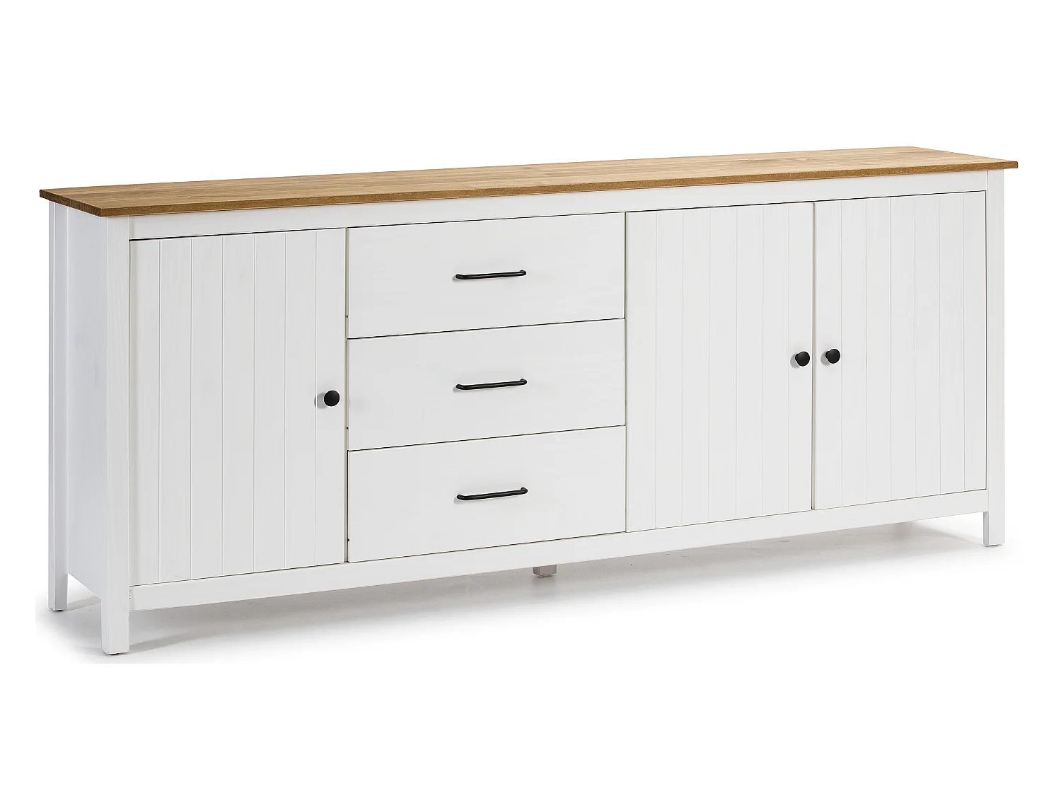 Buffet en pin massif décor ciré chêne et blanc, meuble de rangement - Longueur 190 x Profondeur 40 x Hauteur 80 cm