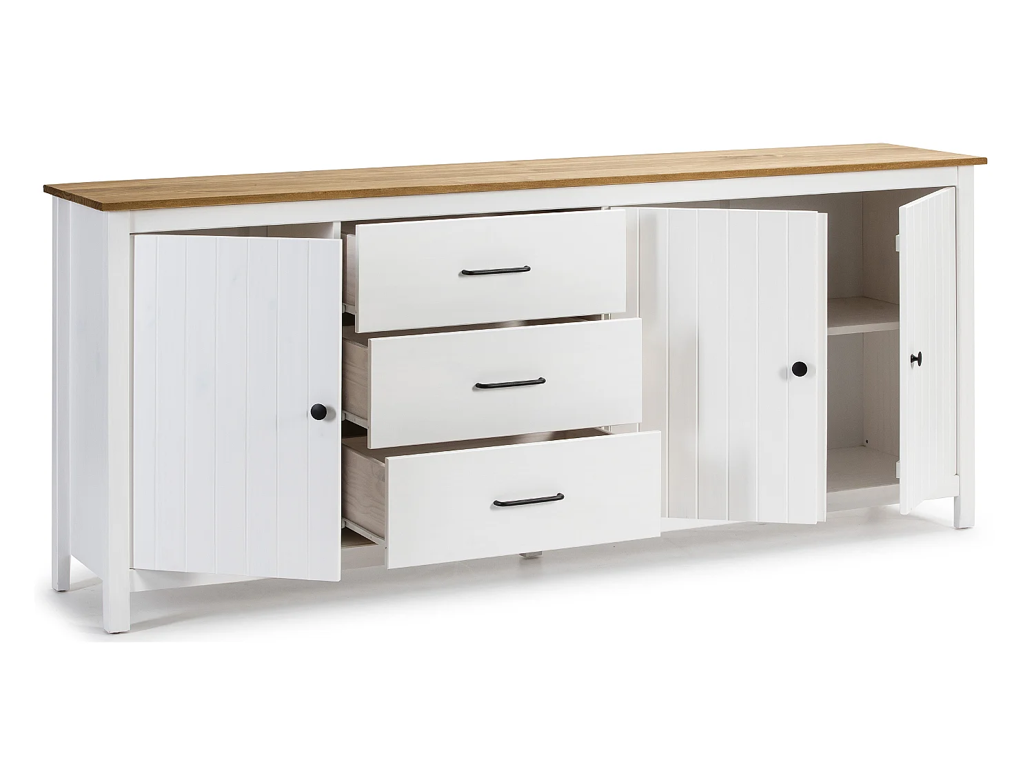 Buffet en pin massif décor ciré chêne et blanc, meuble de rangement - Longueur 190 x Profondeur 40 x Hauteur 80 cm