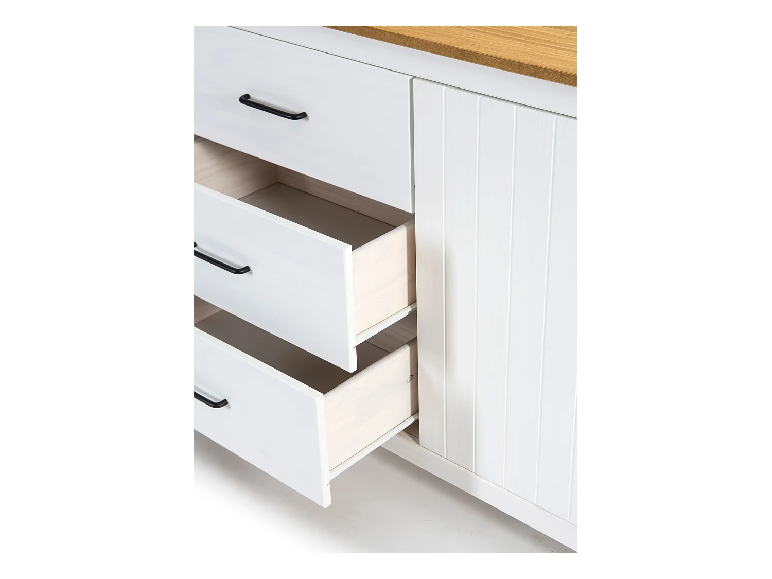 Buffet en pin massif décor ciré chêne et blanc, meuble de rangement - Longueur 190 x Profondeur 40 x Hauteur 80 cm