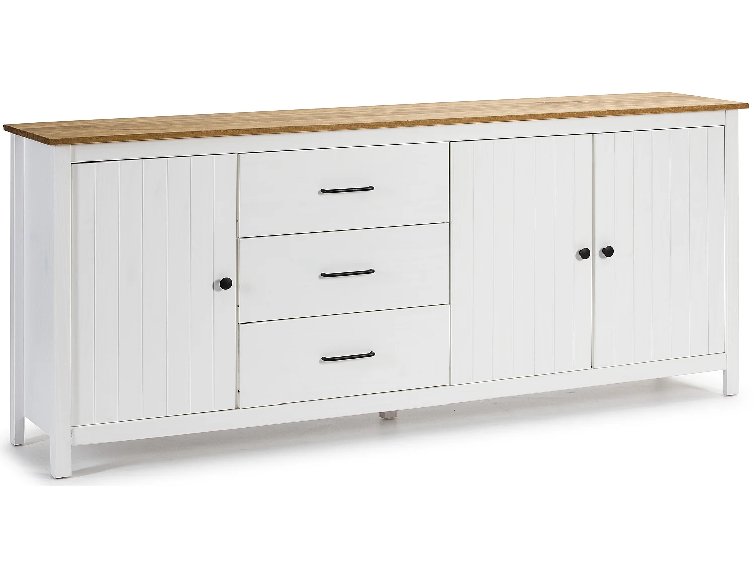 Buffet en pin massif décor ciré chêne et blanc, meuble de rangement - Longueur 190 x Profondeur 40 x Hauteur 80 cm