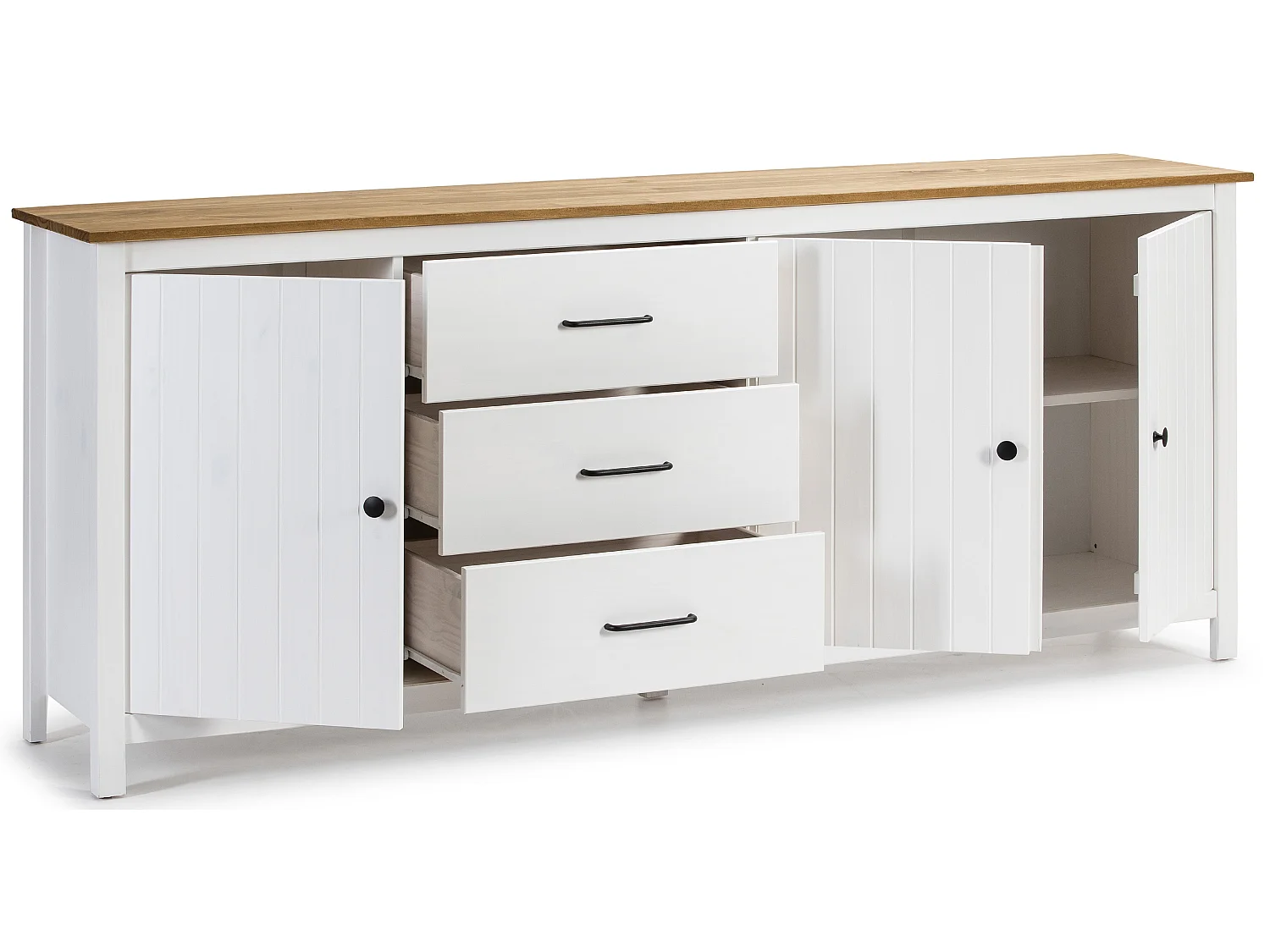 Buffet en pin massif décor ciré chêne et blanc, meuble de rangement - Longueur 190 x Profondeur 40 x Hauteur 80 cm