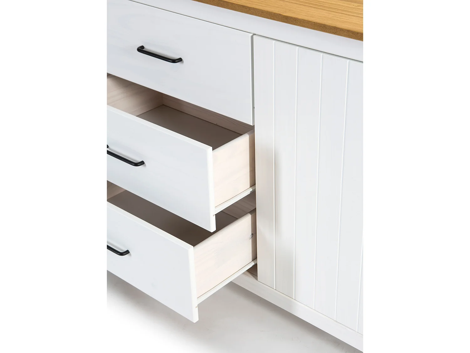 Buffet en pin massif décor ciré chêne et blanc, meuble de rangement - Longueur 190 x Profondeur 40 x Hauteur 80 cm