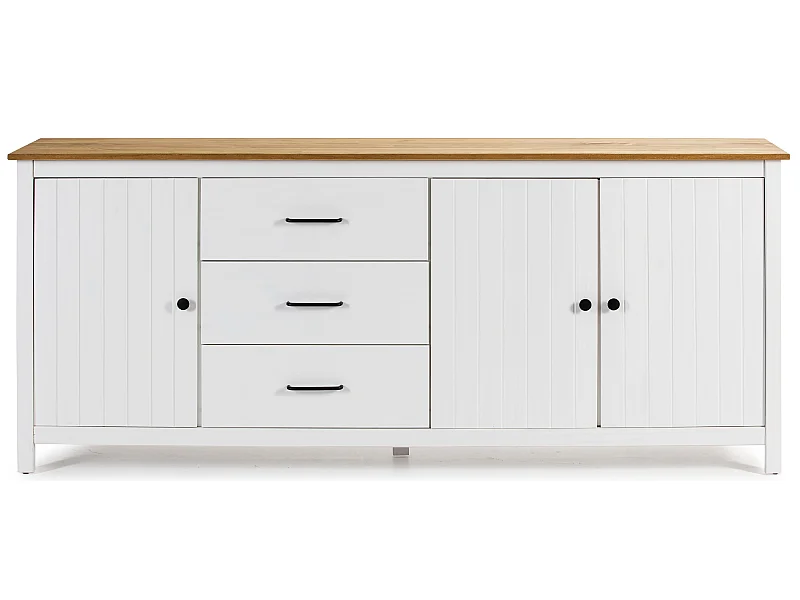 Buffet en pin massif décor ciré chêne et blanc, meuble de rangement - Longueur 190 x Profondeur 40 x Hauteur 80 cm