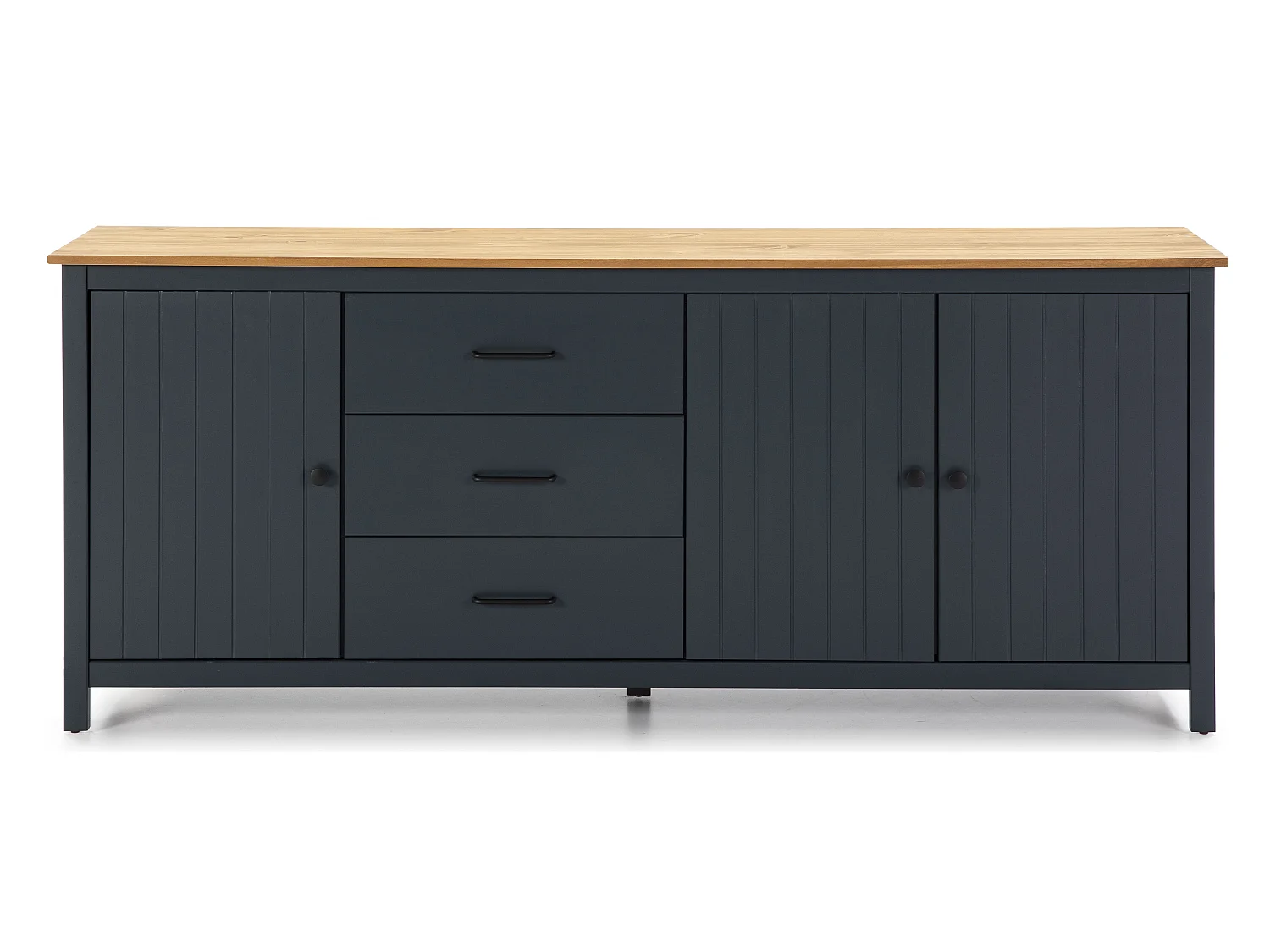 Buffet en pin massif décor ciré chêne et bleu, meuble de rangement - Longueur 190 x Profondeur 40 x Hauteur 80 cm