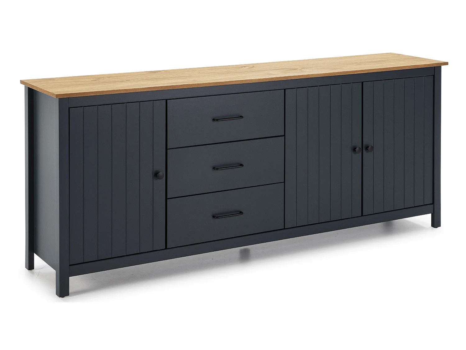 Buffet en pin massif décor ciré chêne et bleu, meuble de rangement - Longueur 190 x Profondeur 40 x Hauteur 80 cm
