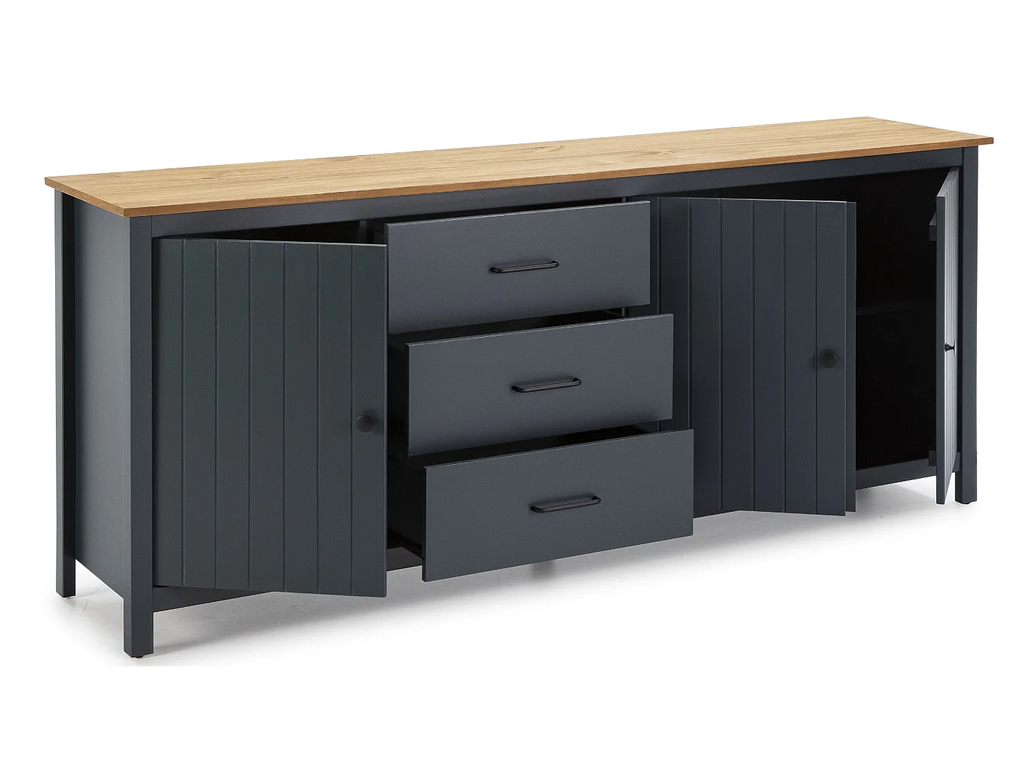 Buffet en pin massif décor ciré chêne et bleu, meuble de rangement - Longueur 190 x Profondeur 40 x Hauteur 80 cm