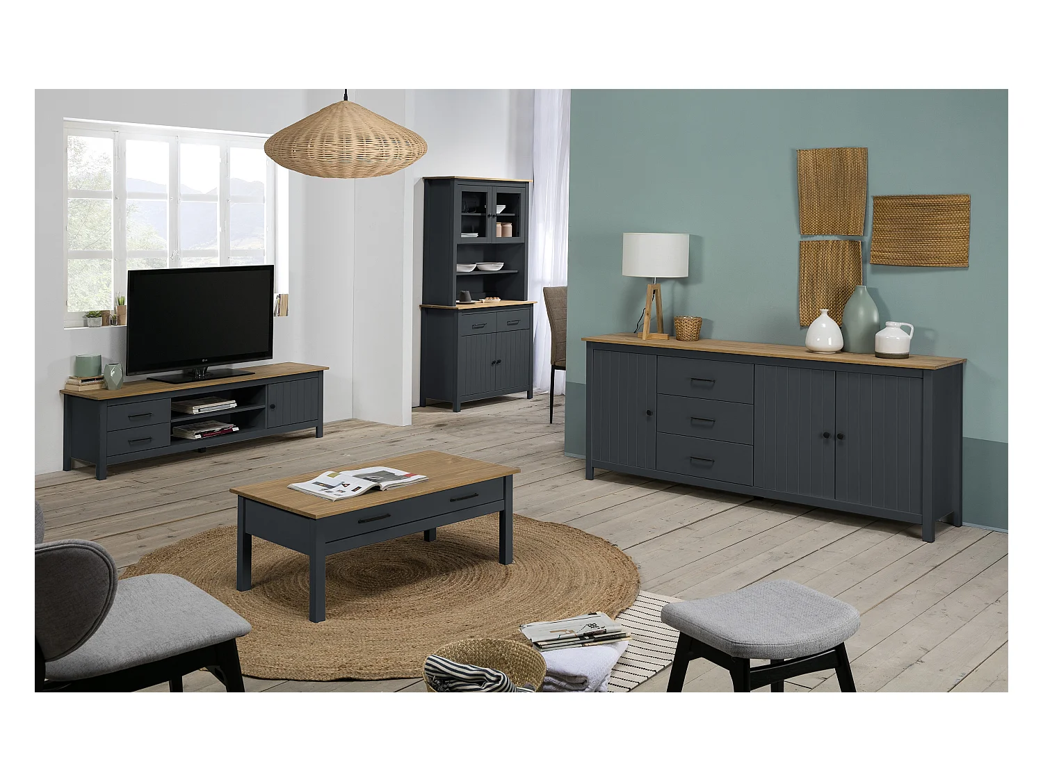 Buffet en pin massif décor ciré chêne et bleu, meuble de rangement - Longueur 190 x Profondeur 40 x Hauteur 80 cm