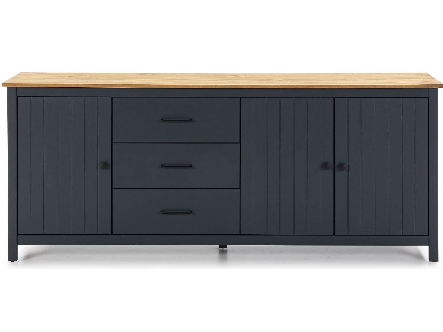 Buffet en pin massif décor ciré chêne et bleu, meuble de rangement - Longueur 190 x Profondeur 40 x Hauteur 80 cm